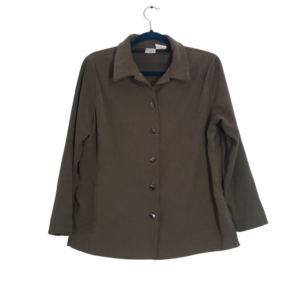 Vintage 80s Womens Olive Green Sport Timer Button Down Shirt Jacket Size 8P‎